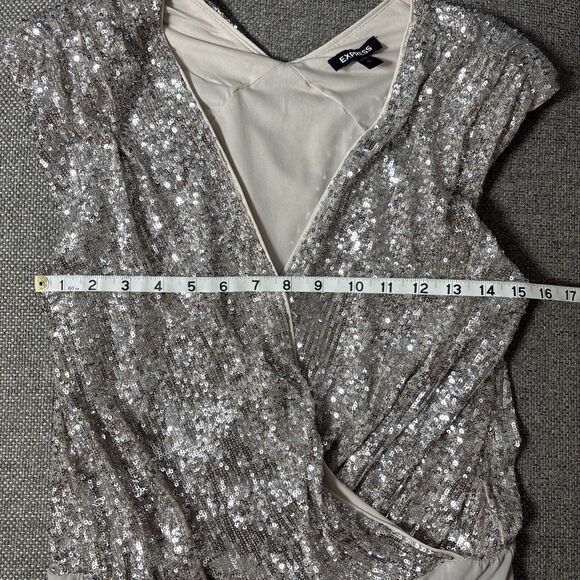 Express Womens Small  Silver Sequin Sparkly Stretchy Bodysuit Y2K Glam party - Picture 5 of 7